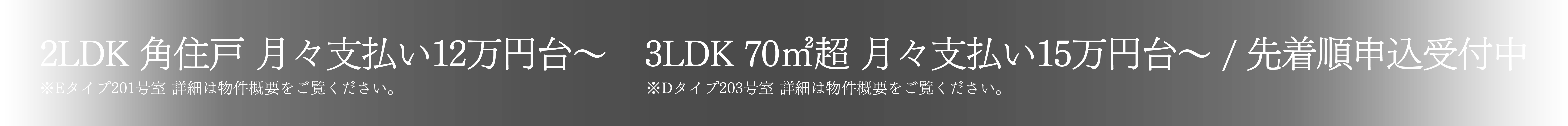 2LDK 角住戸 月々支払い12万円台〜 ※Eタイプ305号室 詳細はPLANページをご覧ください。3LDK 70㎡超 月々支払い15万円台〜 / 先着順申込受付中 ※Dタイプ203号室 詳細はPLANページをご覧ください。