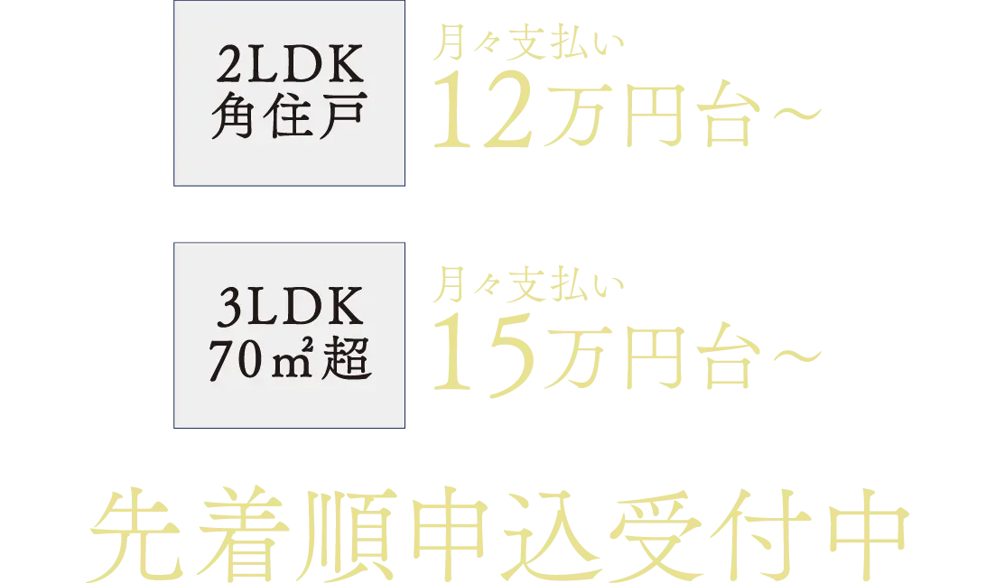 2LDK 角住戸 月々支払い12万円台〜 3LDK 70㎡超月々支払い15万円台〜 先着順申込受付中