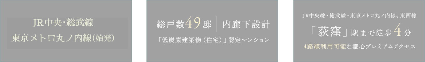 JR中央線・東京メトロ丸ノ内線始発駅|総戸数49邸 内廊下設計「低炭素建築物（住宅）」認定マンション|JR中央線・総武線・東京メトロ丸ノ内線、東西線「荻窪」駅まで徒歩4分4路線利用可能な都心プレミアムアクセス